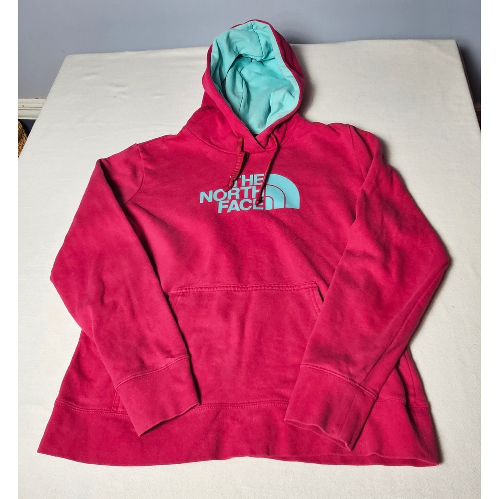 The North Face Womens Pink Aqua Blue Logo Pullover Hoodie Sweatshirt Large